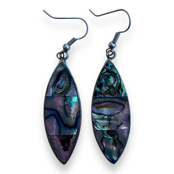 Vintage Abalone Shell Marquise Shaped Dangle Silver Earrings - Picture 1 of 2